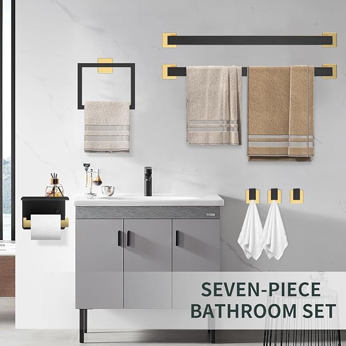 Dorudon Atrox 7-Piece Bathroom Set - Black & Gold Accessories Set - Square Towel Bar 2x23'', Hand Towel Rack, Toilet Paper Holder, 3x Towel Hook, Bathroom Hardware
