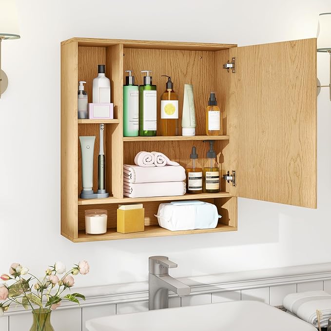 Giantex Bathroom Medicine Cabinet with Mirror, Wall Mounted Medicine Cabinet w/Single Door, 3 Open Shelves & Adjustable Shelf, Space-Saving Hanging Storage Cabinet for Living Room, Hallway (Natural)