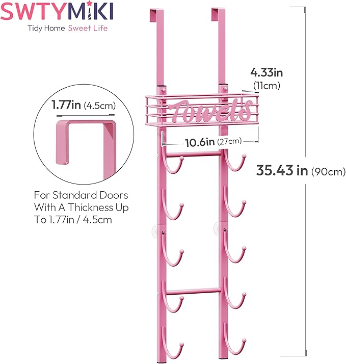 SWTYMIKI Hanging Towel Racks for Bathroom - 9 Tier Over the Door & Wall Mounted Bath Rolled Towel Storage Organizer Holder for Small Bathroom, RV, Camper (Pink, 6-Tier)