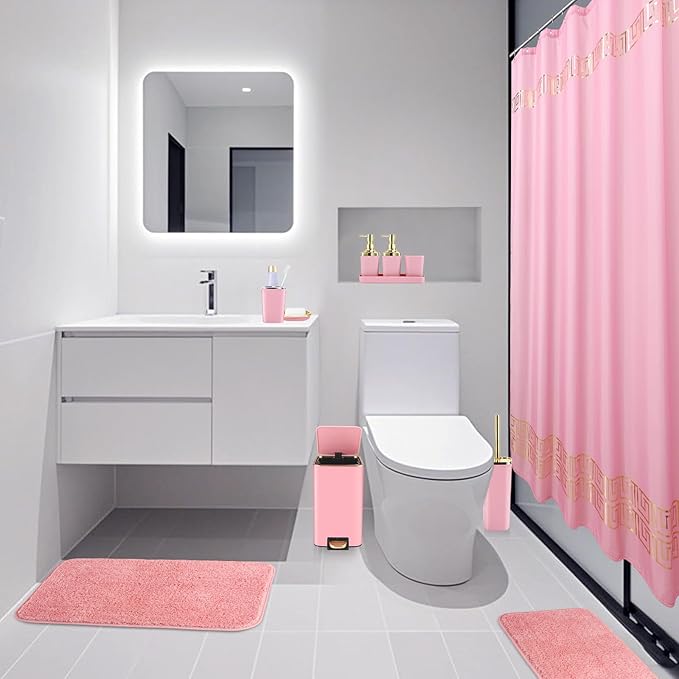 XLHOMO Bathroom Sets with Shower Curtain and Rugs Bathroom Accessories Set Pink Bathroom Set,Shower Curtain Set with Stainless Steel Trash Can