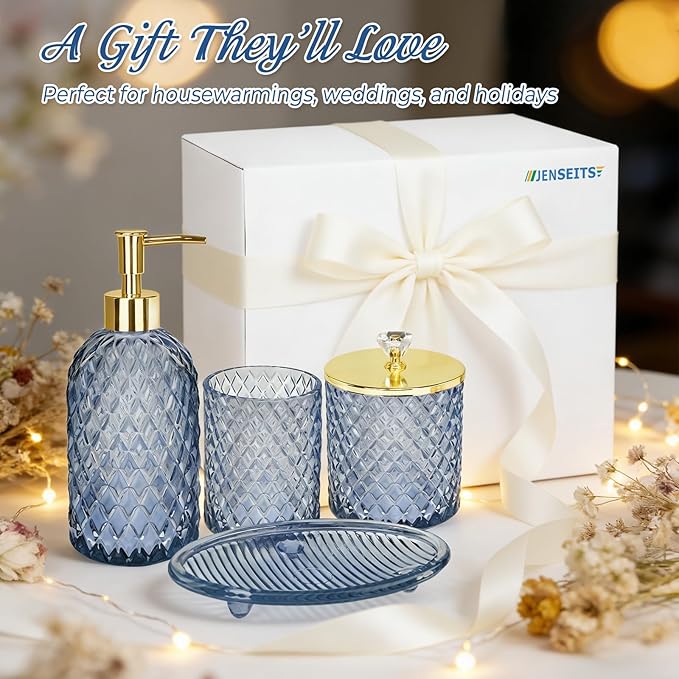 Jenseits Glass Bathroom Accessory Set 4 Piece - Elegant Blue Diamond Cut Bathroom Set - Lotion Dispenser, Toothbrush Holder, Cotton Swab Jar, Tray - Modern Guest Bathroom Countertop Decor