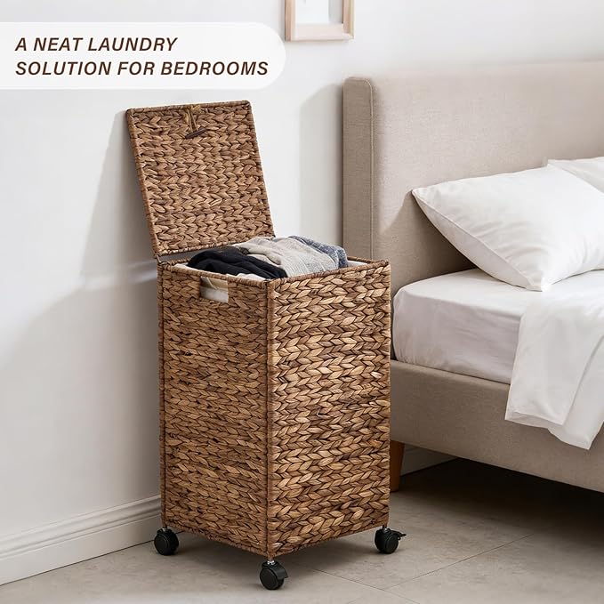 Hand-Woven Laundry Basket with Wheels, Natural Water Hyacinth Laundry Hamper with Lid, Removable & Machine-Washable Liner,Clothes Hamper for Bathroom and Laundry Room(65L,Espresso)