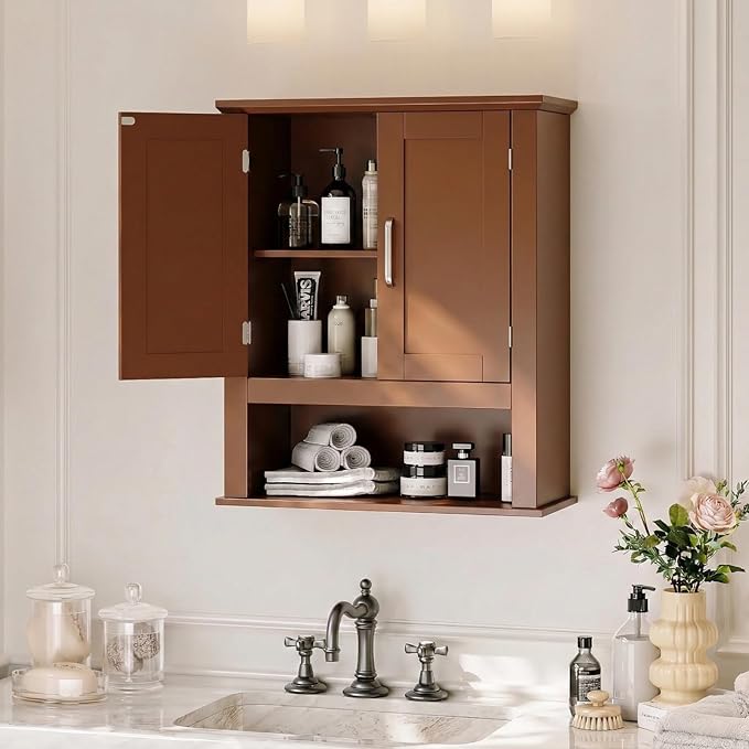 VINGLI Bathroom Wall Cabinet, Black Wall Mounted Storage Cabinet for Bathroom Over The Toilet, Medicine Cabinet with 2 Doors and 3-Height Adjustable Shelf & Open Shelf, Painted MDF, Space Saving