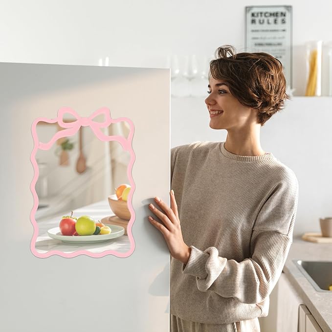 FYSUIMU Pink Bow Locker Mirror 5.5 x 7.5 Inch Small Acrylic Wall Mirror with Adhesive Backing Scalloped Coquette Bowknot Makeup Mirrors Cute Lockers Decoration for Women Girls Dorm Office School