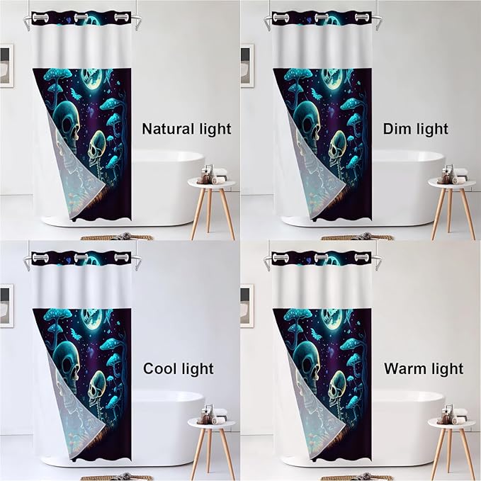 Shrahala Happy Halloween Funny No Hooks Shower Curtain with Snap in Liner Set, Skeletons Grass Mushrooms Starry Sky Bathroom Décor Polyester Fiber Waterproof for Stall Bathtubs 35.5 x 74 in