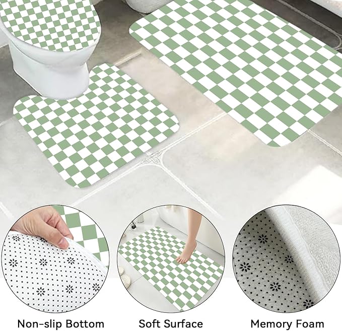 4 PCS Checkered Shower Curtain Sets Fun Gingham Bathroom Sets Soft Non Slip Bath Rugs Toilet Cover U-Shaped Mat Retro Bright Waterproof Shower Curtains with 12 Hooks for Tub Toilet, Green
