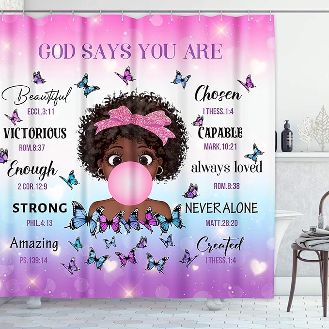 4 Piece Shower Curtain Set, Inspirational Thoughts Waterproof Bathroom Set Accessories with Non-Slip Rugs, Toilet Lid Cover Bath Mat and 12 Hooks, Cute African Black Girl Home Decor 72" x 72"