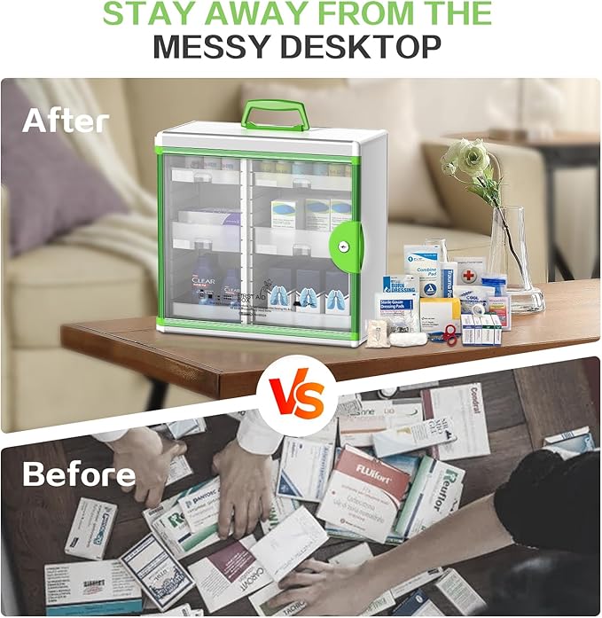 Glosen Medicine Cabinet with Key Wall Mounted Medication Lock Box 【 Green 15x 6.7 x 13 Inch】 Portable Storage Container Big Capacity