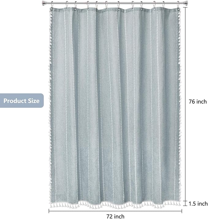 72 x 76 inch Extra Long Boho Chic Shower Curtain Heavyweight with Tassels, Soft Linen Textured Fabric Farmhouse Shower Curtain, Misty Blue Elegant Bathroom Decor Curtain Water Repellent