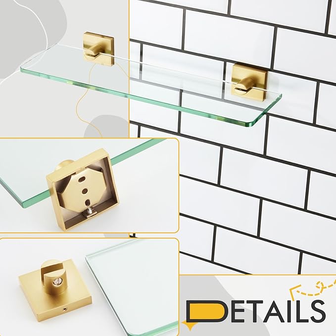 KOKOSIRI Floating Wall Shelf 16-Inch Bathroom Tempered Glass Shelves Shower Hanging Rack for Kitchen Storage Home Decor, Gold Stainless Steel B1107BG-L16