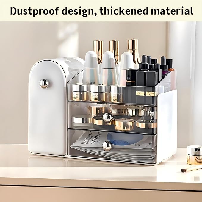 Makeup Organizer for Vanity with Covered Brush Holder,Bathroom Organizers with Drawer,Skin Care Organizer,Makeup Organizers for Vanity with Drawer,Large Makeup Storage for Dresser, White