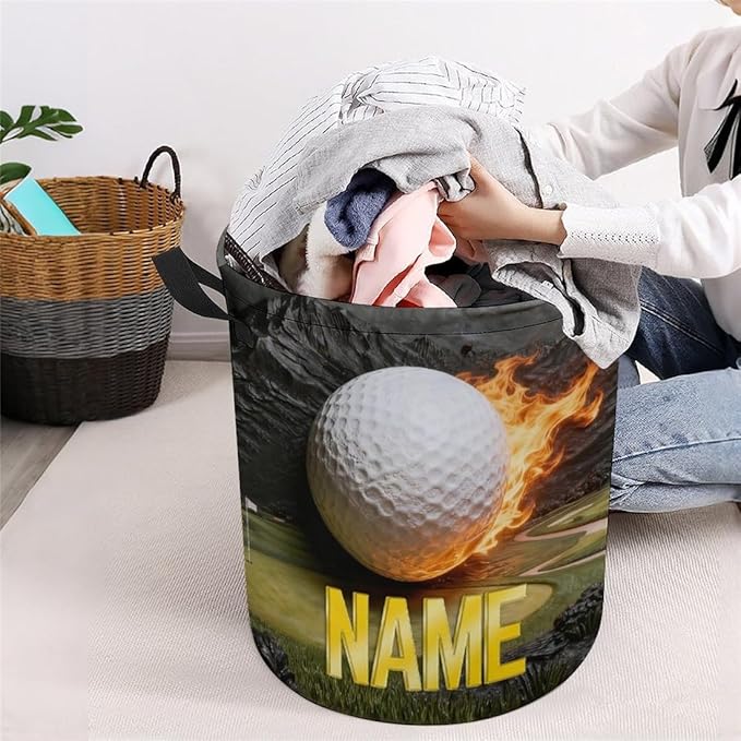 Personalized Golf Ball Laundry Hamper Custom Name Funny Dirty Clothes Laundry Basket Portable Storage Basket For Home Bathroom Family Golf Lovers Xmas Birthday (style 12)