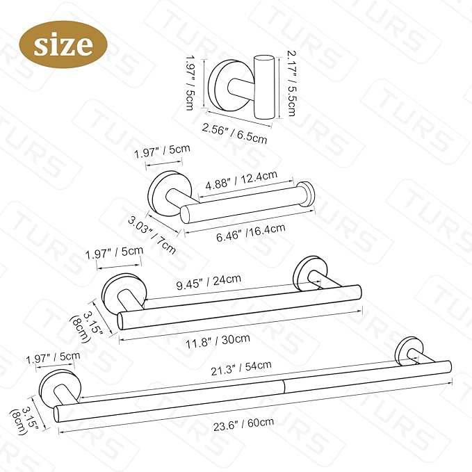 TURS Brushed Gold 10 Pieces Bathroom Hardware Set, SUS304 Stainless Steel 24 Inch Bath Towel Bar Set, Round Bathroom Accessories Kit Wall Mounted