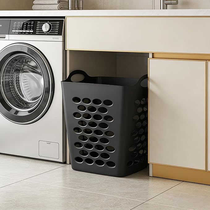 Square Laundry Hamper with Handles – Large Capacity Plastic Laundry Basket, Space-Saving Design with Ventilation Holes, Black