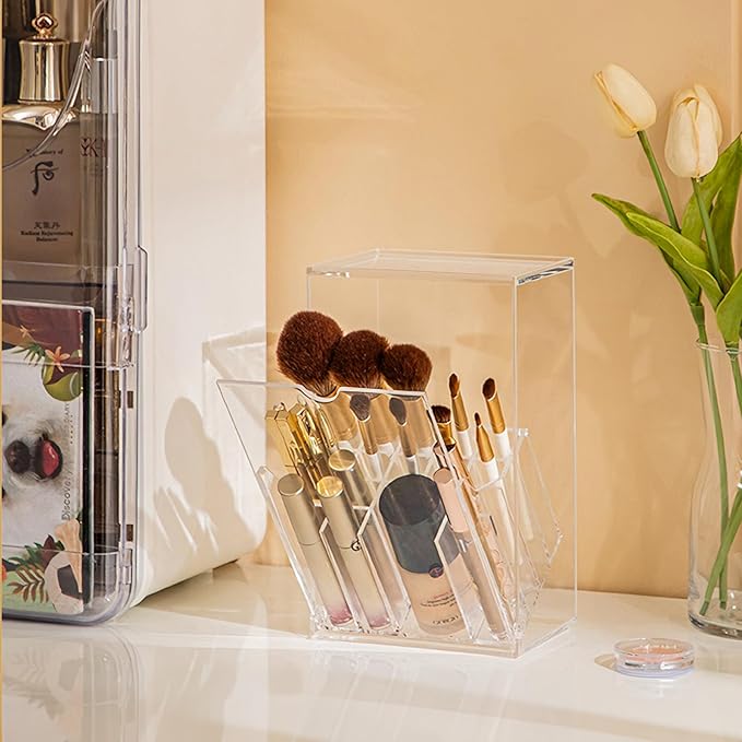 Makeup Brush Organizer With Lid,Thickened Acrylic Brush Holder Dust Proof,Easy To Take,Makeup Brush Storage For Vanity Suitable For Shanks Less Than 0.78 In
