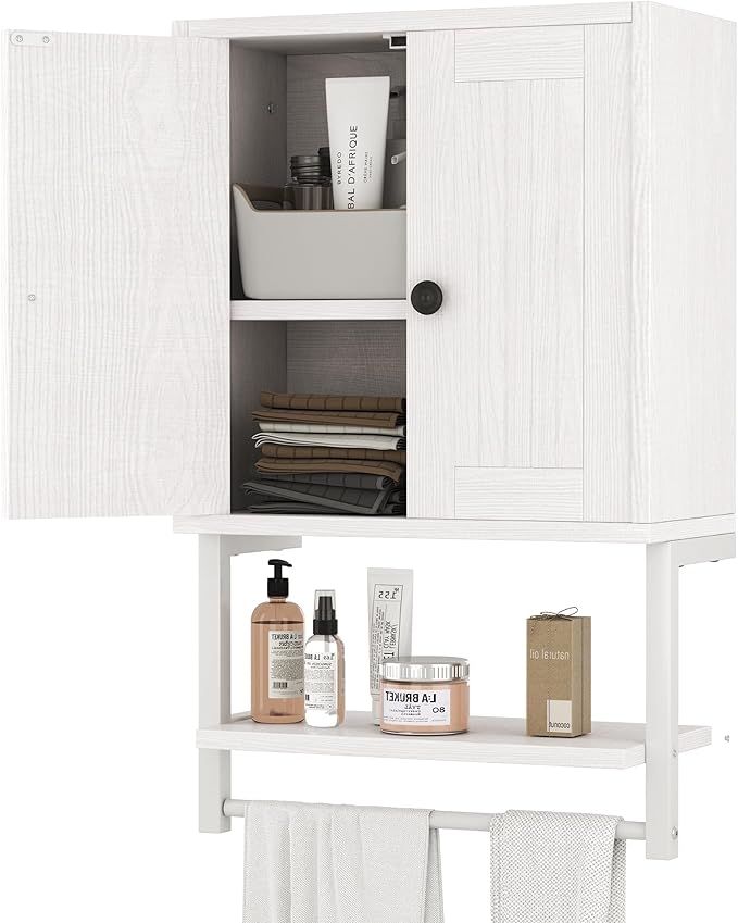Homeiju Small Farmhouse Style Rustic Medicine Cabinet with Two Barn Doors, Wooden Wall Mounted Storage Cabinet with Shelf and Towel Bar for Bathroom, Living Room, Kitchen, White