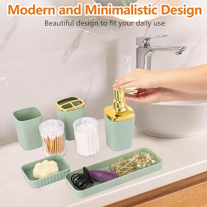 LightGreen Bathroom Set, 23 PCS Bathroom Accessories Set with Shower Curtains, Trash Can, Toothbrush Holder, Soap Dispensers, Toothbrush Cup, Vanity Tray, Soap Dish, Toilet Brush, Qtip Holders