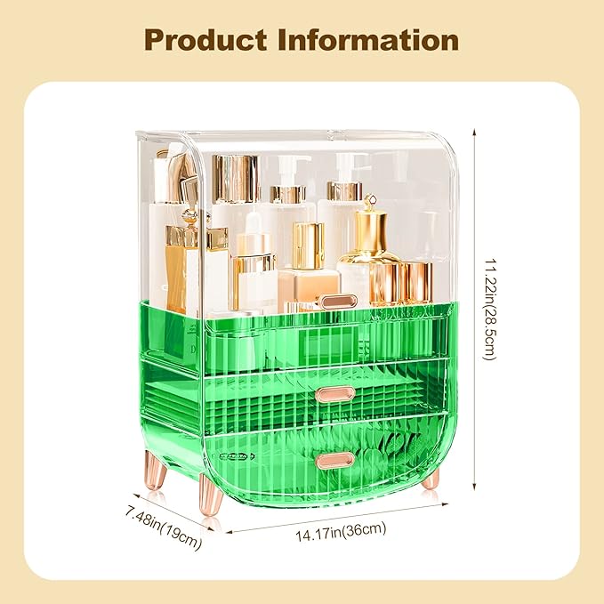 Ergocar Portable Transparent PET Series Multi-Function Make Up Case Dustproof Cosmetic Storage Box, Cosmetics Skin Care Products Jewelry Organizer Case Lipstick Box - Green Three Layers