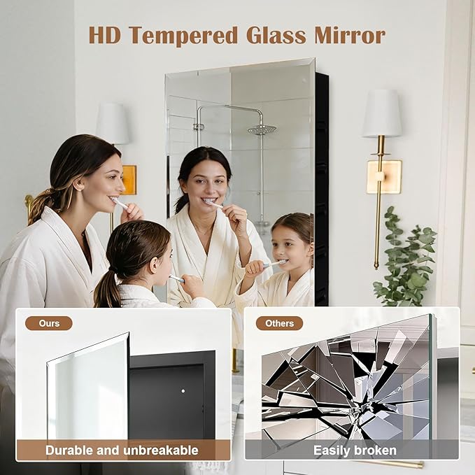 16x26'' Bathroom Medicine Cabinet Mirror with Storage, Surface Mount or Recessed Medicine Cabinet with 4-Tiered Adjustable Tempered Glass Shelves
