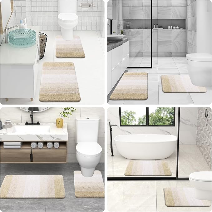 OLANLY Bathroom Rugs Sets 3 Piece, Soft Absorbent Microfiber Bath Mats and U-Shaped Contour Toilet Rug, Plush Shaggy Bath Mat Set for Bathroom (30"x20"+24"x16"+24"x20", Light Beige)