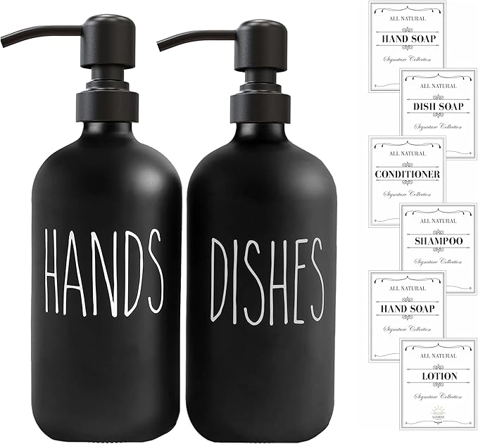 Sunrise Premium 16 OZ Thick Black Glass Soap Dispenser, Matte Black Stainless Steel Pump 2 Pack, Hand and Dish Soap Dispenser Set for Bathroom with 6 Waterproof Labels