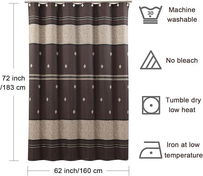 Fabric Shower Curtain, Brown Black Tan Stripe Shower Curtains for Bathroom, Waterproof Bathroom Curtains, 62" W x 72" H
