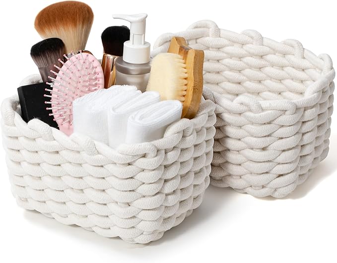 Storage Baskets 2 Pack, Macrame Woven Decorative Baskets for Vanity, Desk, Bathroom & Bedroom Organizer, Small Boho Cotton Rope Bins for Cosmetics, Office Supplies, Cream & Khaki, 7x5.5x5 Inches