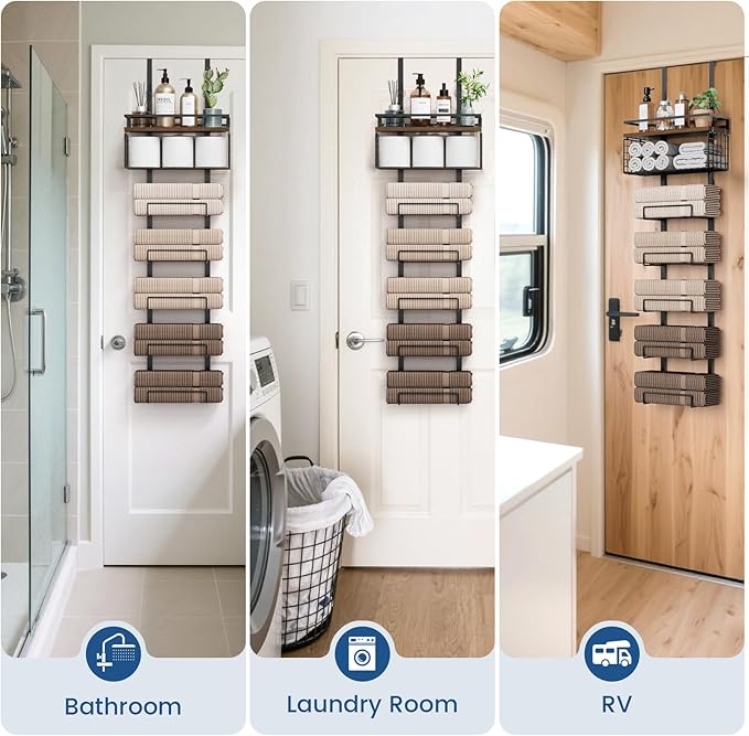 Aetyord Towel Racks for Bathroom Over The Door Towel Racks Towel Storage Organizer with Metal Shelf Basket for Bathroom Rv Camper (7-Tier Black with Brown Plank)