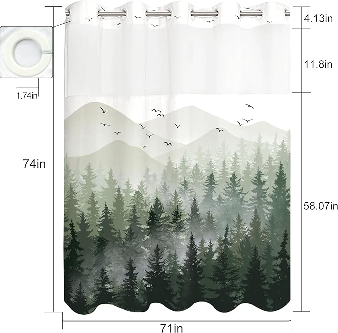 Accnicc No Hook Shower Curtain with Snap in Liner Sage Green Misty Forest Hookless Shower Curtains for Bathroom Foggy Nature Pine Tree Mountain Woodland Waterproof Fabric Bath Curtain Decor 71Ć74In