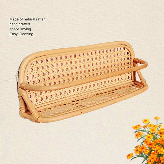 Rattan Wall Shelf, Handcrafted Rattan Hanging Storage Shelf with Sturdy Durable Design, for Bathroom Kitchen Living Room