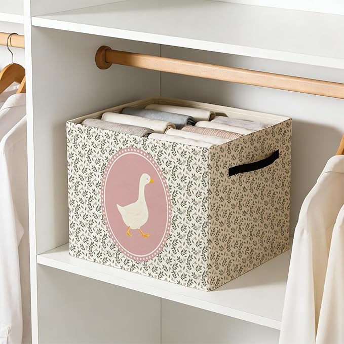 Goose Girl Nursery Storage Bin Box with Handles, Pink Goose Cottagecore Floral Foldable Baskets Organizer for Kids Girls Room Nursery Bedroom Bathroom Home Clothes Toys Books