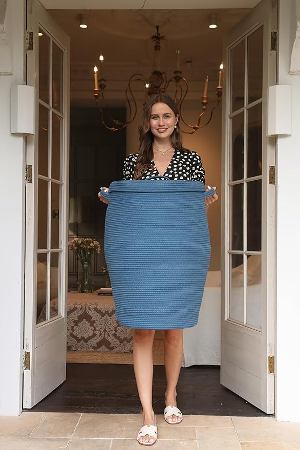 26"x20" Handcrafted Tall Cotton Rope Basket with Lid, Stylish Flagon Shape with Cover, Clothes Hamper with Top, for Bedroom and Living Room, All Dark Blue
