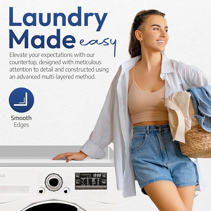 OfficeSimpli Washer Dryer Countertop, Made in USA, Non-Slip Pads, Laundry Room Wood Topper, Washer Dryer Cover for Top, Laundry Countertop, Laminate Finish (Glacier White, Extra Large (30" x 58"))
