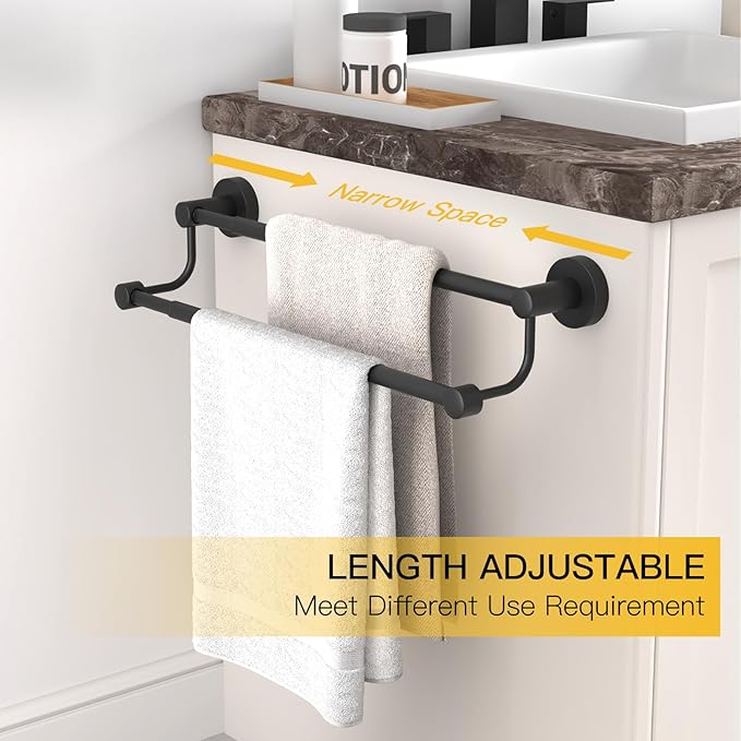 BESy Adjustable 16-26 Inches Double Bath Towel Bar for Bathroom SUS304 Stainless Steel Towel Holder, Hotel Style Wall Mount with Screws Hand Towel Bar Towel Rack Rod Hanger, Matte Black Finish