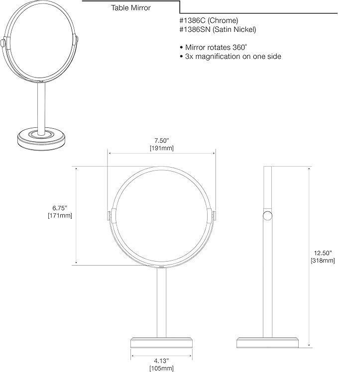 Gatco 1386C Latitude II Minimalist 3X Magnifying Makeup Mirror, Countertop Bathroom Vanity Mirror, 12.5-Inch H, Chrome