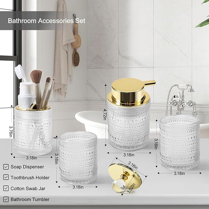 DASITON Bathroom Accessories Set,4Pcs Glass Bathroom Counter Set with Foaming Soap Dispenser,Toothbrush Holder,Bathroom Tumbler,Cotton Swab Jars, for Vanity Bathroom Decor(Clear A)