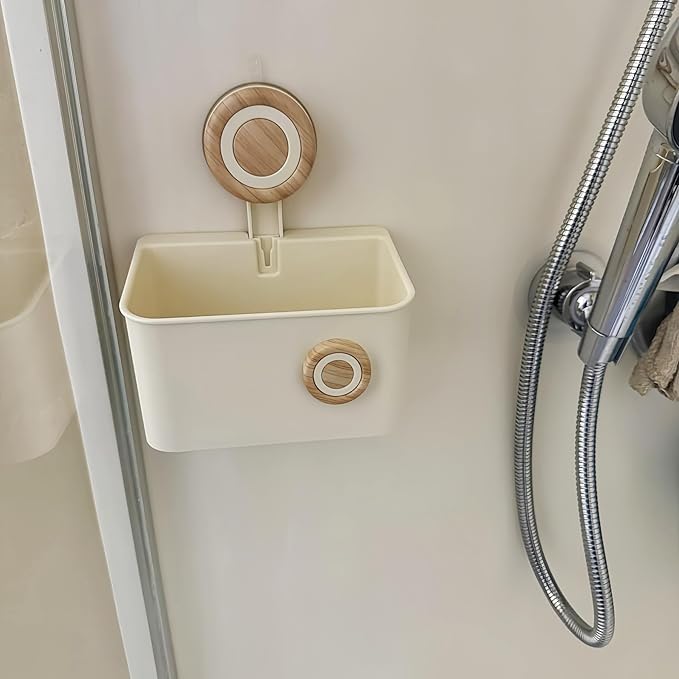 Suction Cup Shower Caddy, Plastic Shower Shelf with Drainage Bin, Vacuum-Lock Shower Organizer for Bathroom, Kitchen, RV, Hotel Storage (Original wood color-S)