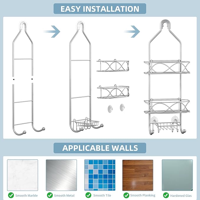 GAOKASE Shower Caddy Hanging 3 Tier with Two Movable Baskets, Grey Shower Caddy with Hooks for Towels, Sponge and More