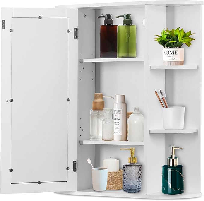 SUPER DEAL Bathroom Mirror Medicine Cabinet with Storage, Wall Mount Cabinet with Mirror Door, Inner Adjustable Shelves, 6 Open Shelves, White