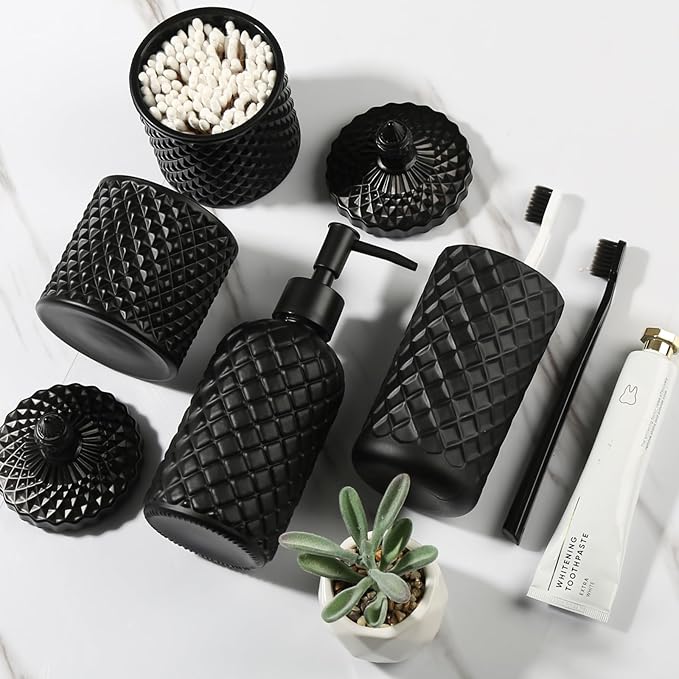 RYTOXILO Matte Black Bathroom Accessories Set, 4 Pack Black Bath Accessory Sets Complete, Diamond Glass Soap Dispenser and Toothbrush Holder Set for Countertop, Gothic Decor Organizer Essentials