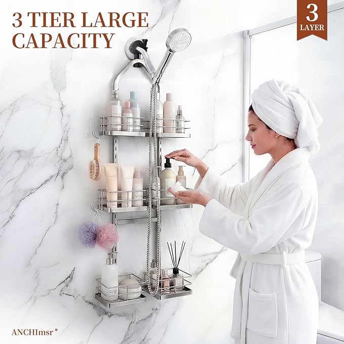 Adjustable Hanging Shower Caddy for Handheld Showerhead, 3-Tier Rustproof Shower Rack Baskets, Anti-Swing Hanging Shower Organizer for Bathroom Storage with 2 S-Hooks, Large Capacity, Silver