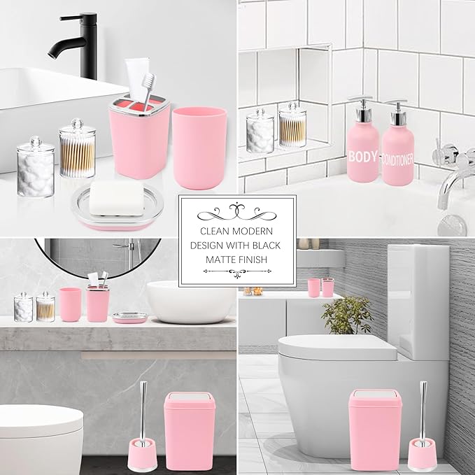 XLHOMO Pink Bathroom Accessories Set - 10 Piece Bathroom Set with Trash Can and Toilet Brush, Soap Dispenser, Toothbrush Holder and Cup, Soap Dish, and Qtip Holder, for Housewarming Gift