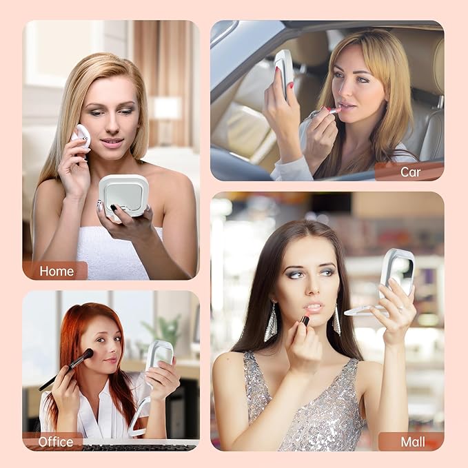 FASCINATE Compact Travel Makeup Mirror with Lights and Magnification, 3.5 inch Portable 1X/30X Magnifying Mirror with 3 Color Light, Folding, Handheld (White)