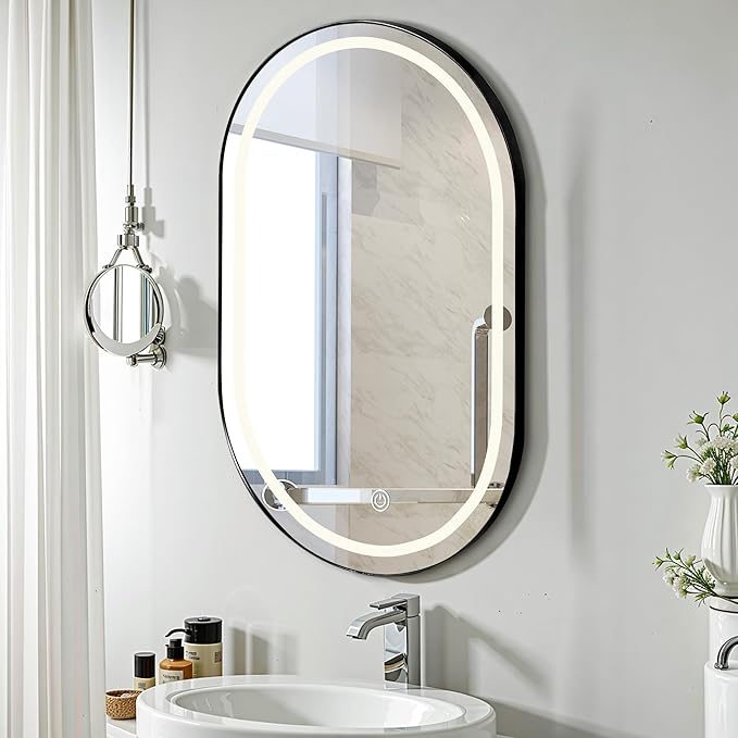 SogesHome Wall Mounted Mirror Medicine Cabinet 33"X20" with LED Lights, Oval Vanity Mirror Storage with Shelves, Modern Decro Recessed Mirror Medicine Cabinet for Bathroom, Bedroom, Black