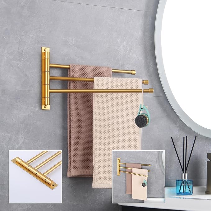 GERZWY SUS 304 Stainless Steel Bathroom Hand Towel Rack 3-Bar Folding Arm Swivel Hanger Bath Towel Holder Swing Out Towel Bar Wall Mount Gold Finished HYG03-BE