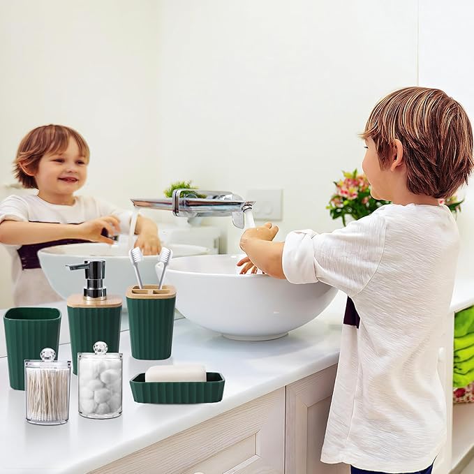 XLHOMO Dark Green Bathroom Accessories Set with Ombre Shower Curtain and Bathroom Rugs,Bathroom Sets with Trash Can,Toothbrush Holder and Cup,Soap Dispenser,Tray,Soap Dish,Toilet Brush,Qtip Holders