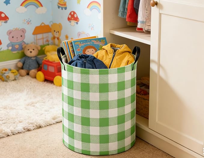 Kids Laundry Basket Grid Hamper for Nursery Green Hamper Cute Kids Storage Bin Organizer Room Decor for Home(Green Grid)