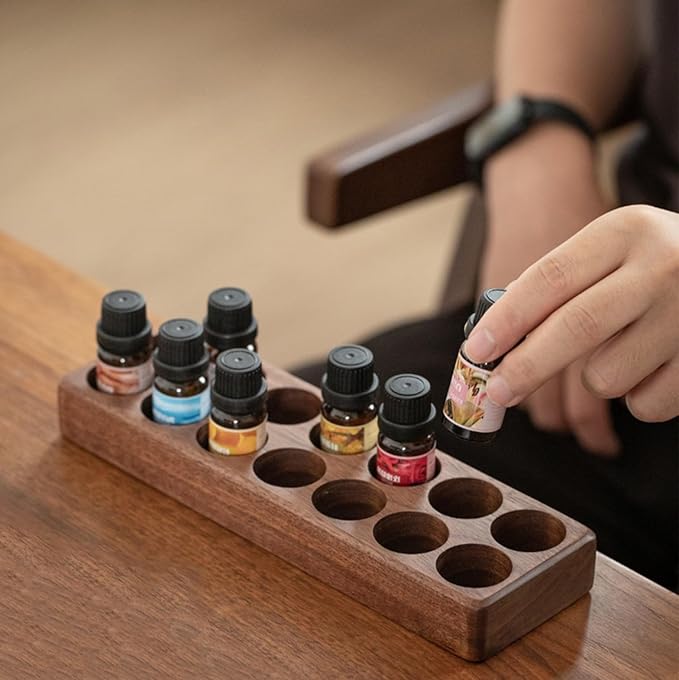 Wooden 7/14 Slots Essential Oil Organizer, Nail Polish Shelf, Durable wood Makeup Display Stand, Makeup Storage Rack for Tabletop Essential Oils Perfume Rack for 10-20ml Bottles (14 Slots)