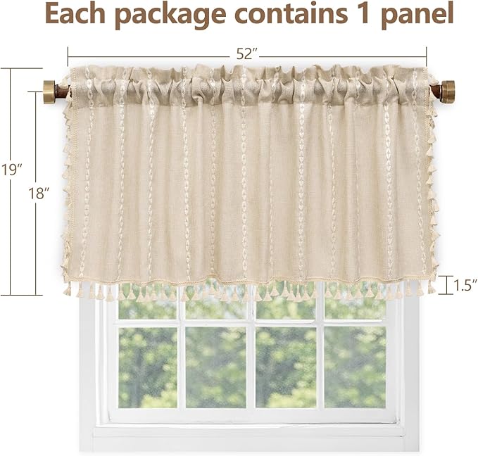 Boho Farmhouse Linen Valance Curtain, 52x18 inch Soft Light Filtering & Privacy Window Valance with Tassels for Living Room Kitchen Bathroom, Rod Pocket, Beige Cream