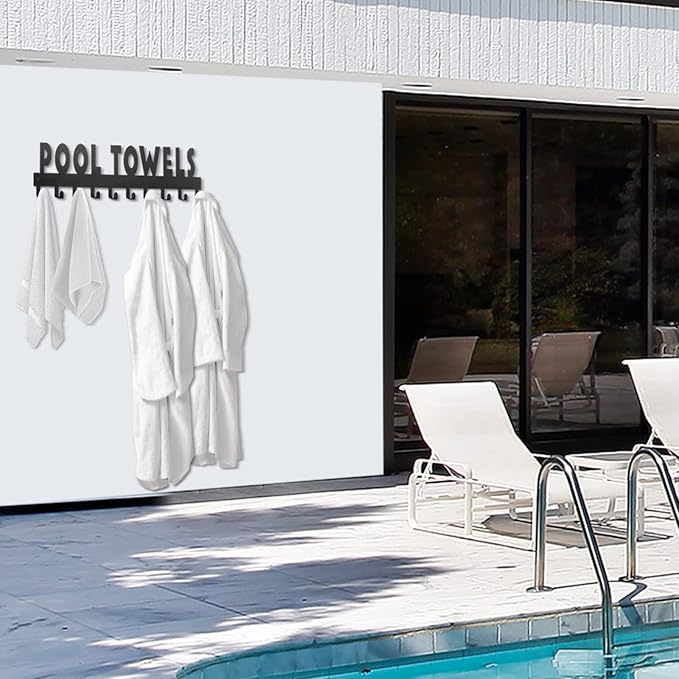 IBosins Large Pool Towel Rack with 10 Hooks, Towel Holder Wall Mounted for Outdoor, Towel Hanger for Hanging Bathrobes, Towels, Clothes - Perfect Pool Area Outside Sign and Decor (Black)